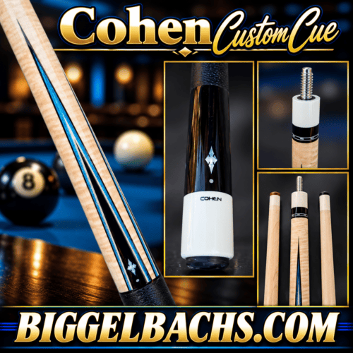 Cohen Custom Pool Cue – Baby Blue Veneers | Ebony & Curly Maple