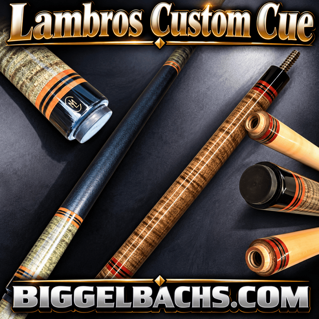 Lambros Merry Widow Pool Cue – Stained Curly Maple & Leather Wrap