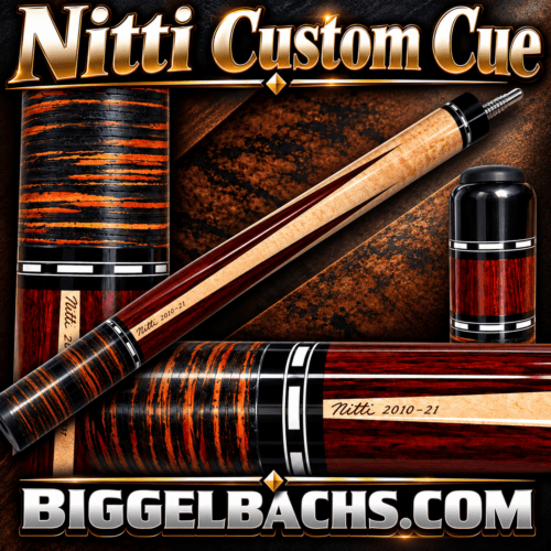 Nitti Custom Pool Cue – Four-Point Maple, Stacked Leather Wrap