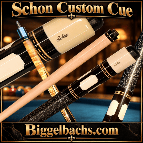 Schon Custom Pool Cue – Ebony Pts, Maple Forearm & Stitched Rings